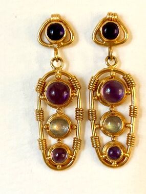 Barbara Garwood Gold Tone Cabochon Gem Stones Drop Earrings Collectable RARE
